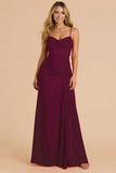 Burgundy Spagheeti Straps Ruched Sheath Long Bridesmaid Dress
