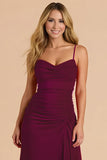 Burgundy Spagheeti Straps Ruched Sheath Long Bridesmaid Dress
