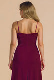 Burgundy Spagheeti Straps Ruched Sheath Long Bridesmaid Dress
