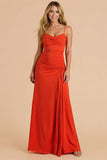 Burgundy Spagheeti Straps Ruched Sheath Long Bridesmaid Dress