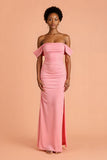 Pink Sheath Off the Shoulder Long Bridesmaid Dress with Slit