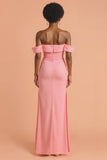 Pink Sheath Off the Shoulder Long Bridesmaid Dress with Slit