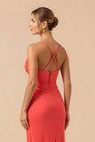 Burgundy Sheath Sapghetti Straps Long Bridesmaid Dress with Slit