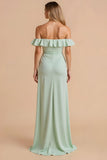 Light Green Sheath Off the Shoulder Maxi Bridesmaid Dress with Ruffles