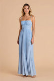 Light Blue Pleated A Line Spaghetti Straps Long Bridesmaid Dress