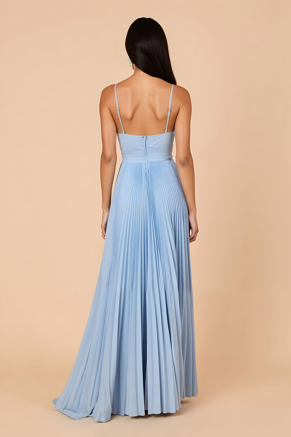 Light Blue Pleated A Line Spaghetti Straps Maxi Bridesmaid Dress