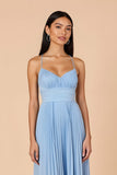 Light Blue Pleated A Line Spaghetti Straps Maxi Bridesmaid Dress