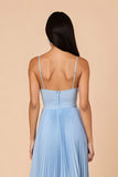 Light Blue Pleated A Line Spaghetti Straps Maxi Bridesmaid Dress