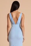 Light Blue Mermaid Deep V-Neck Long Bridesmaid Dress with Bow