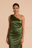 Olive Sheath One Shoulder Midi Bridesmaid Dress with Slit