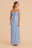 Light Blue Sheath Ruched Cold Shoulder Long Bridesmaid Dress with Ruffles