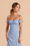 Light Blue Sheath Ruched Cold Shoulder Long Bridesmaid Dress with Ruffles