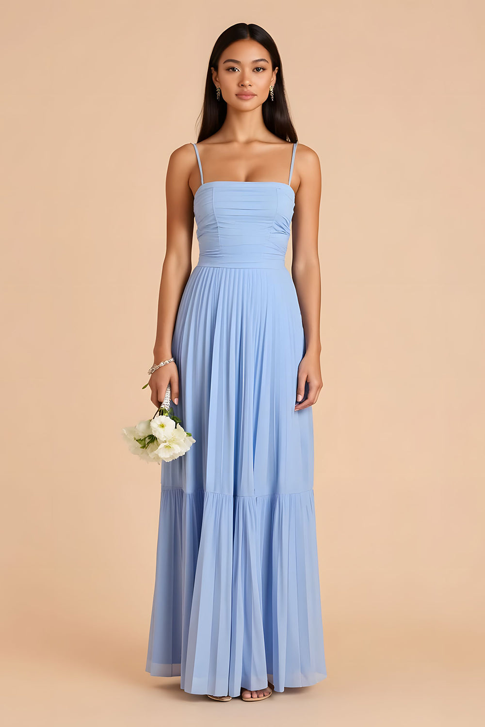 Light Blue Pleated A Line Spaghetti Straps Long Bridesmaid Dress