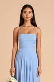 Light Blue Pleated A Line Spaghetti Straps Long Bridesmaid Dress