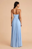 Sky Blue Pleated A Line Spaghetti Straps Maxi Bridesmaid Dress