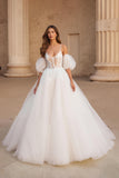Ivory Spaghetti Straps Ball Gown Sweep Train Wedding Dress With Lace