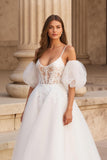Ivory Spaghetti Straps Ball Gown Sweep Train Wedding Dress With Lace