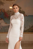 Ivory High Neck Long Sleeves Sweep Train Wedding Dress With Slit