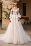 Ivory Off The Shoulder Sweep Train Tulle Wedding Dress With Sleeves