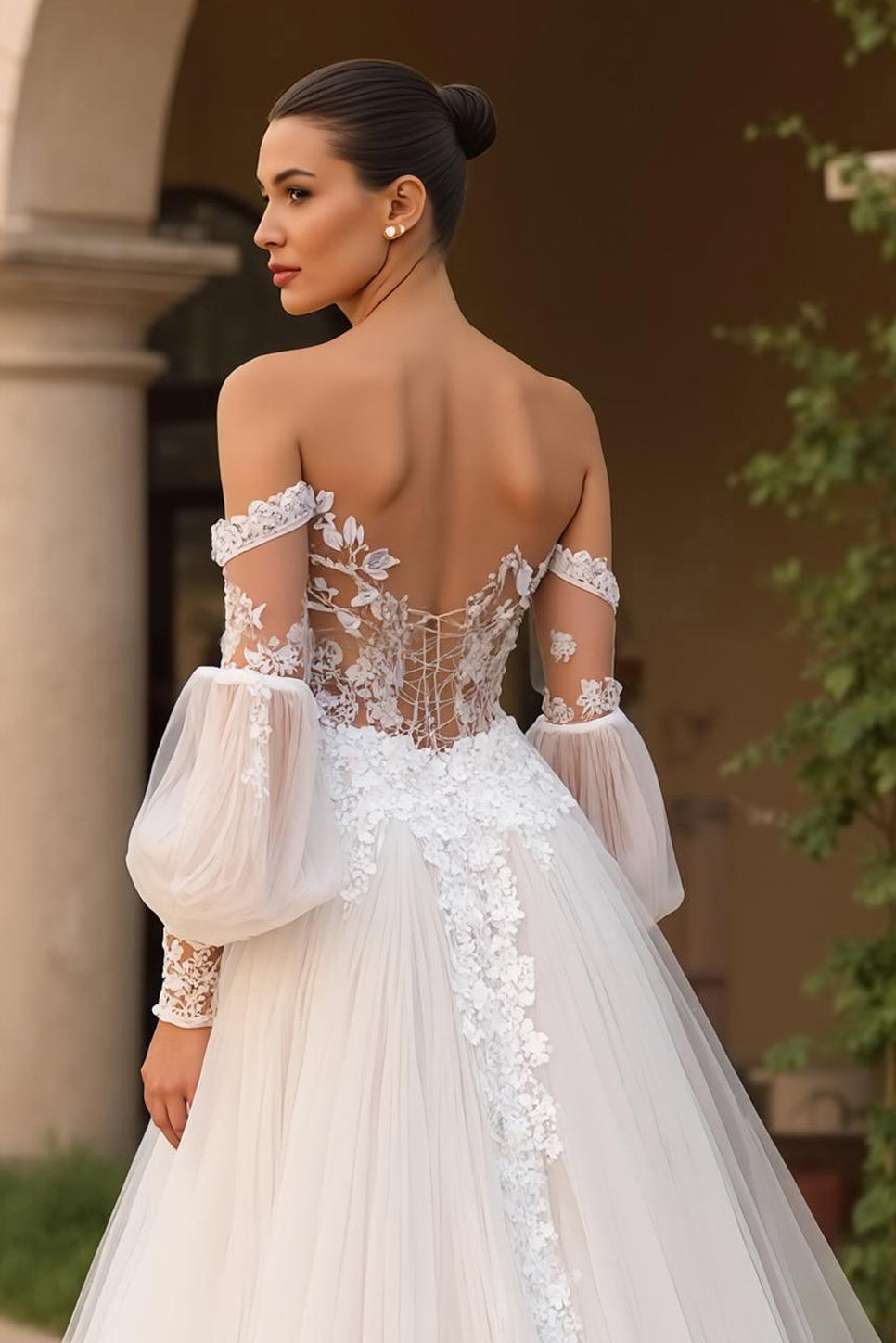 Ivory Off The Shoulder Sweep Train Tulle Wedding Dress With Sleeves