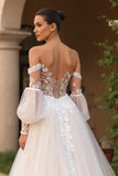 Ivory Off The Shoulder Sweep Train Tulle Wedding Dress With Sleeves