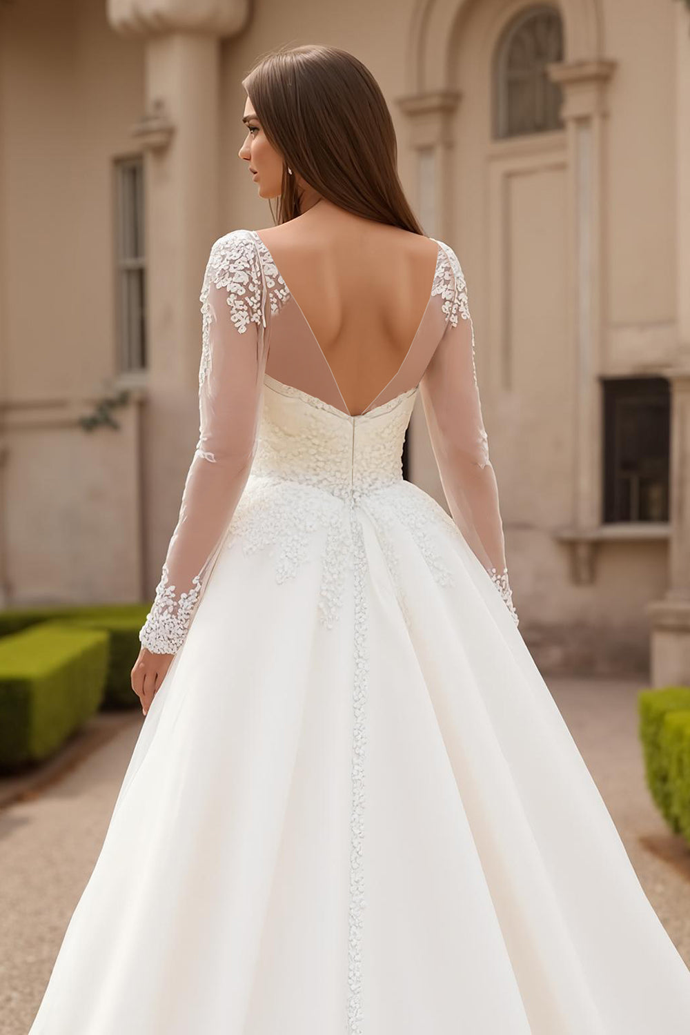 Ivory Tulle V-Neck Sweep Train Wedding Dress With Lace