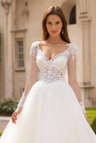Ivory Tulle V-Neck Sweep Train Wedding Dress With Lace