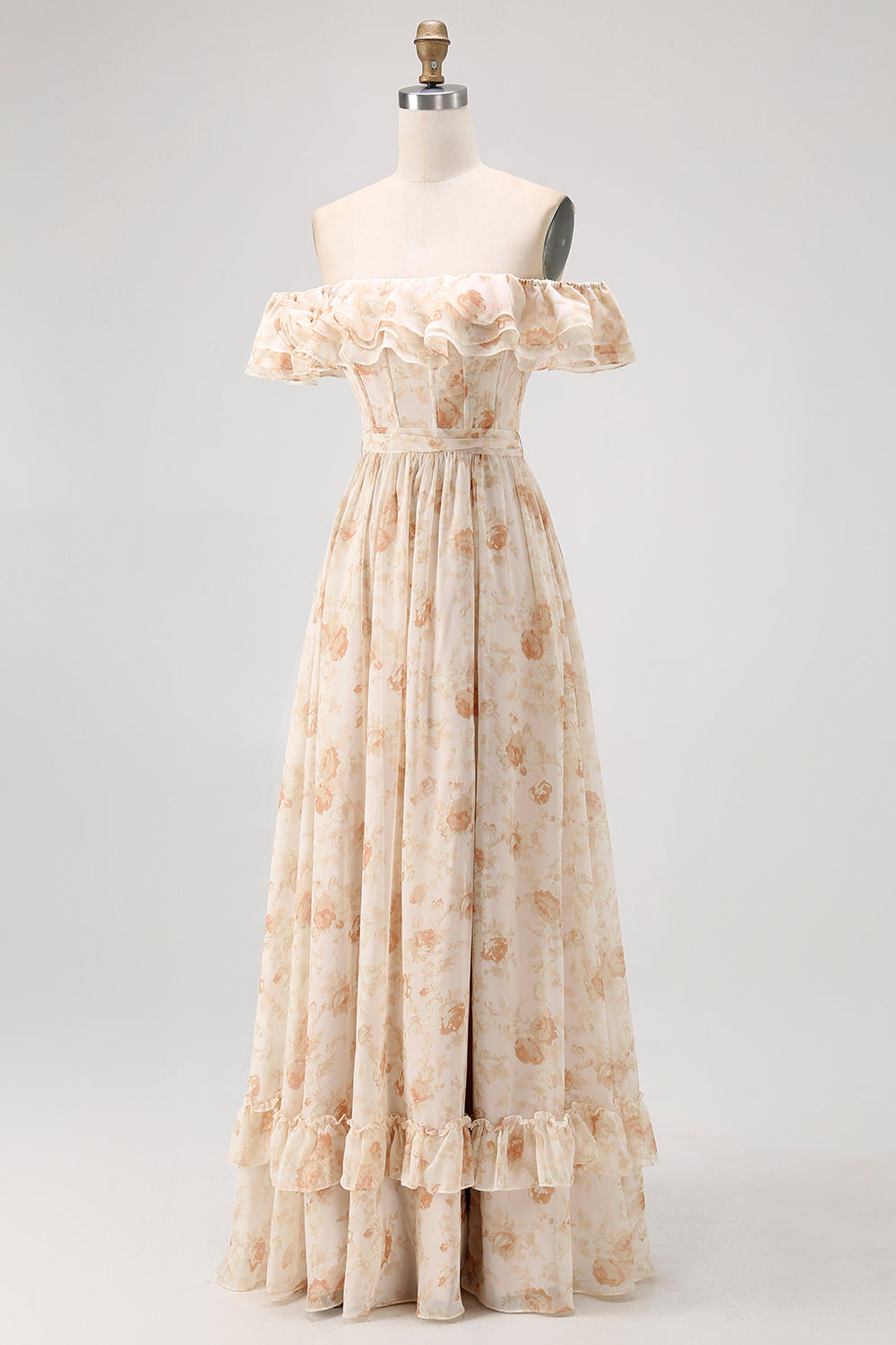 Champagne Flower Off The Shoulder Corset A-Line Bridesmaid Dress With Slit