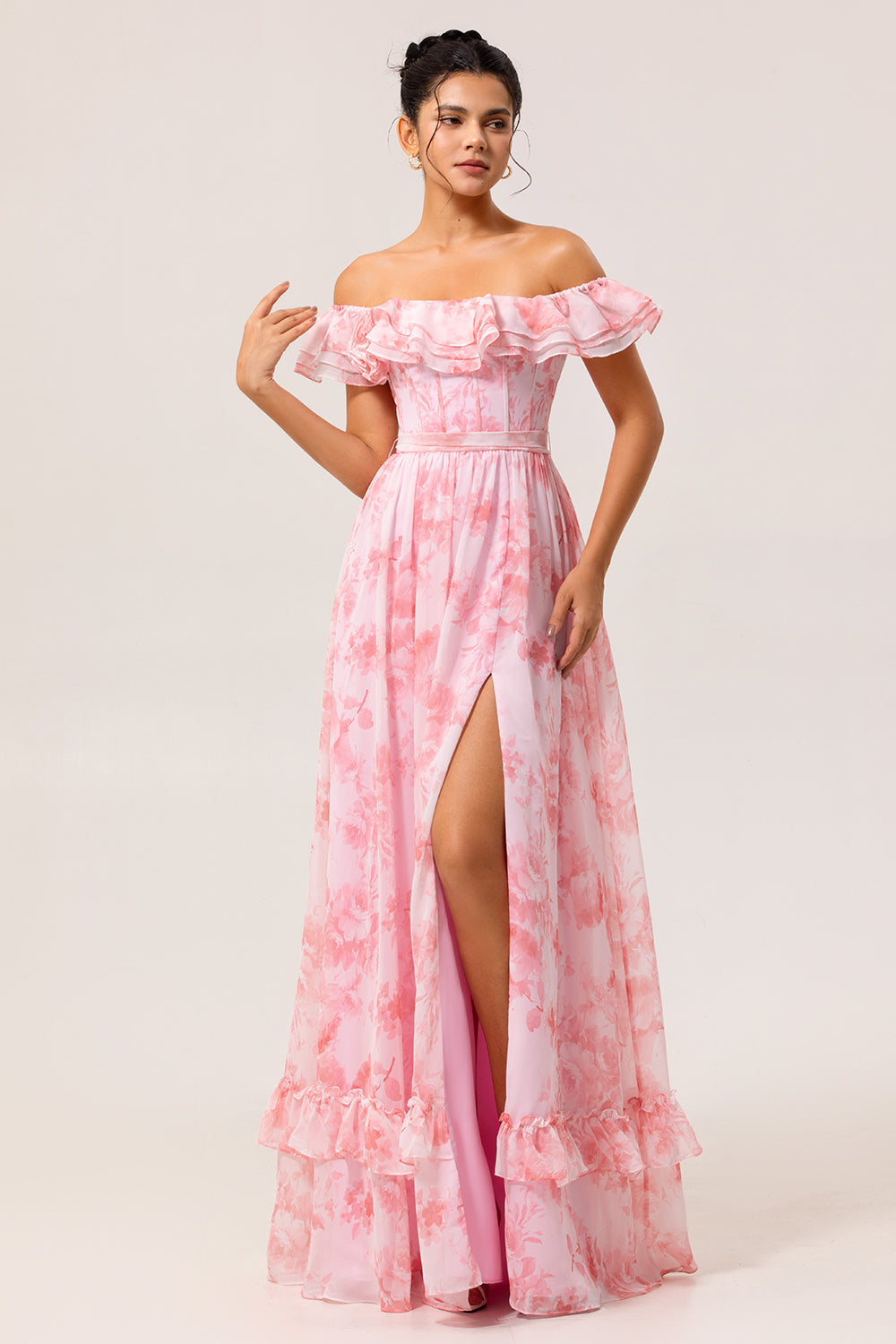 Off The Shoulder Pink Floral A Line Long Bridesmaid Dress with Slit