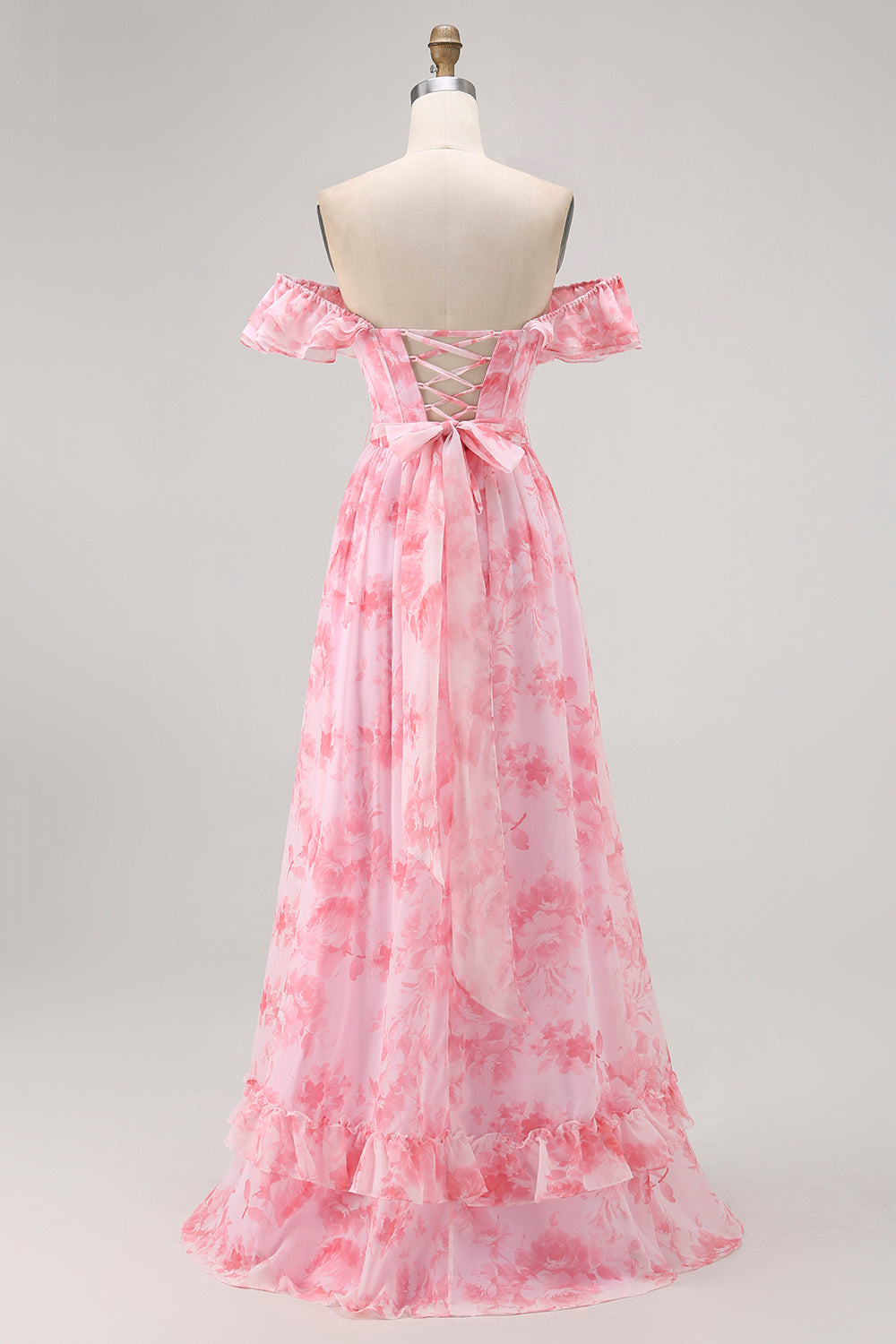 Off The Shoulder Pink Floral A Line Long Bridesmaid Dress with Slit