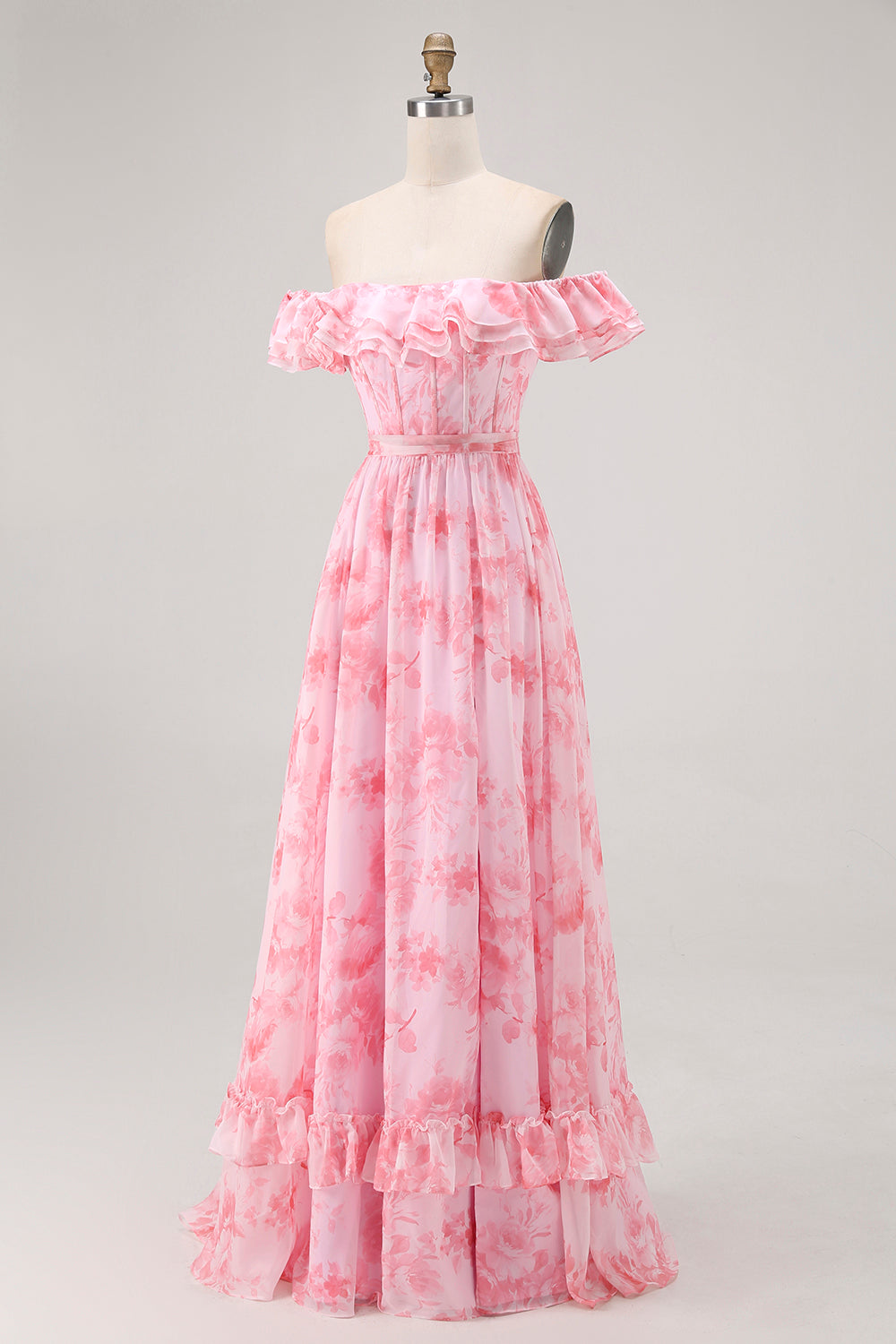 Champagne Flower Off The Shoulder Corset A-Line Bridesmaid Dress With Slit