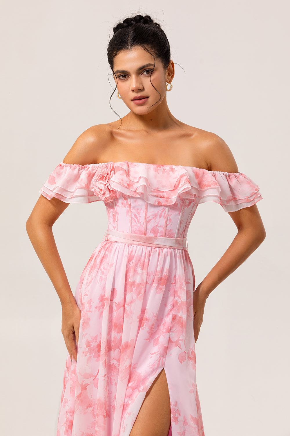 Off The Shoulder Pink Floral A Line Long Bridesmaid Dress with Slit