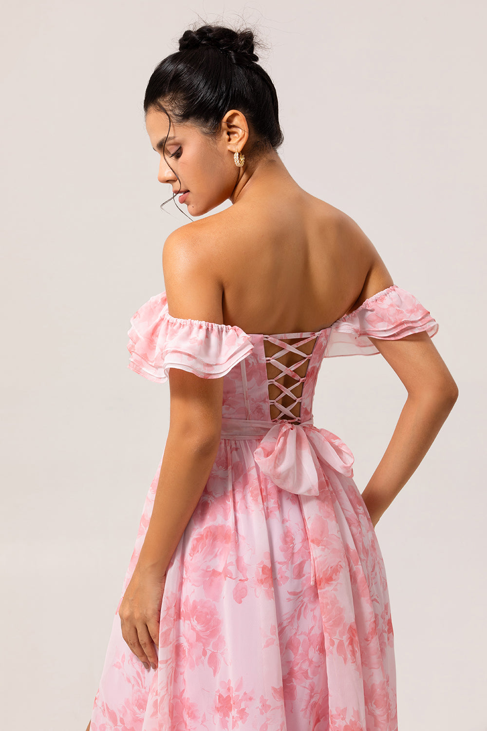 Off The Shoulder Pink Floral A Line Long Bridesmaid Dress with Slit
