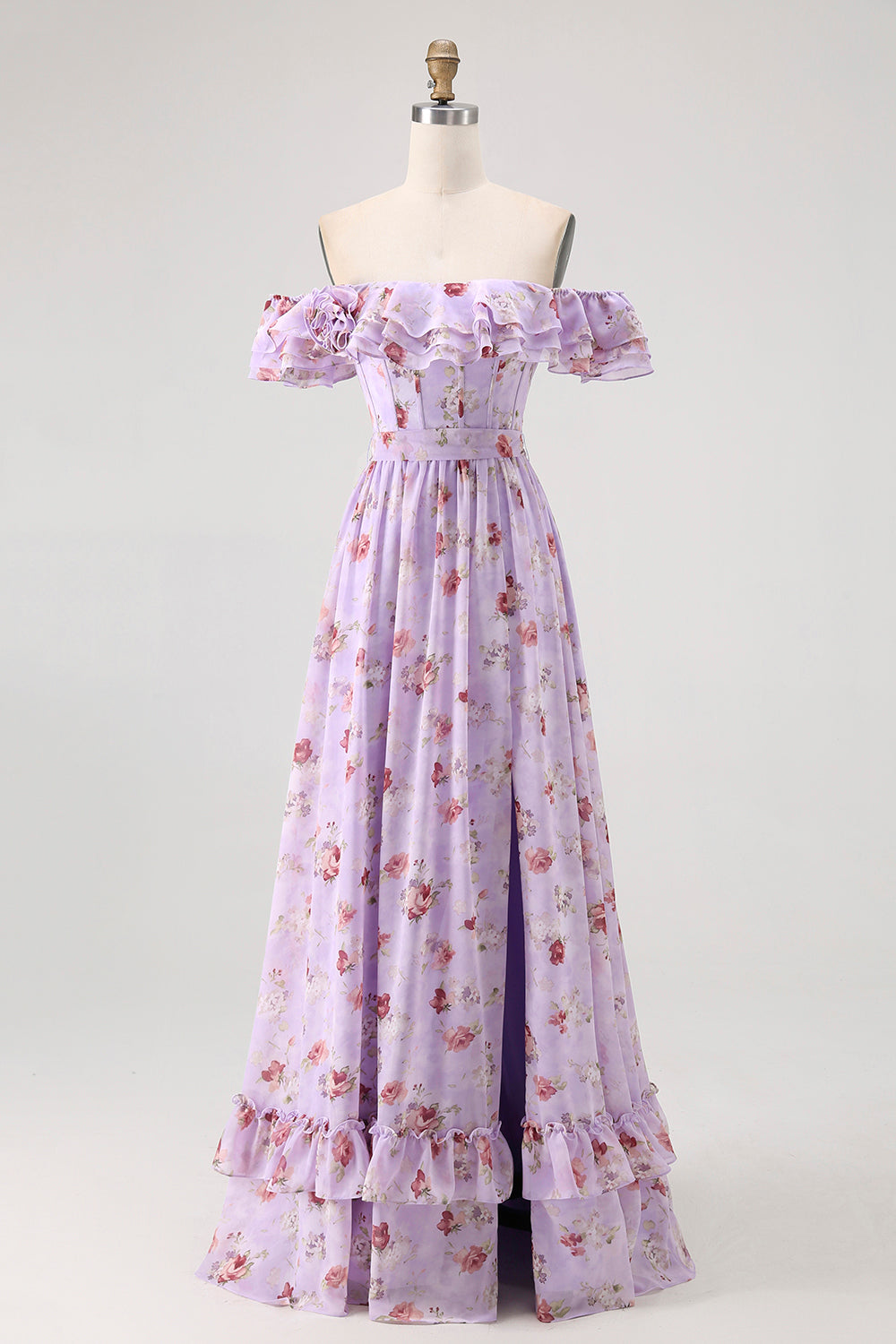 Off The Shoulder Pink Floral A Line Long Bridesmaid Dress with Slit