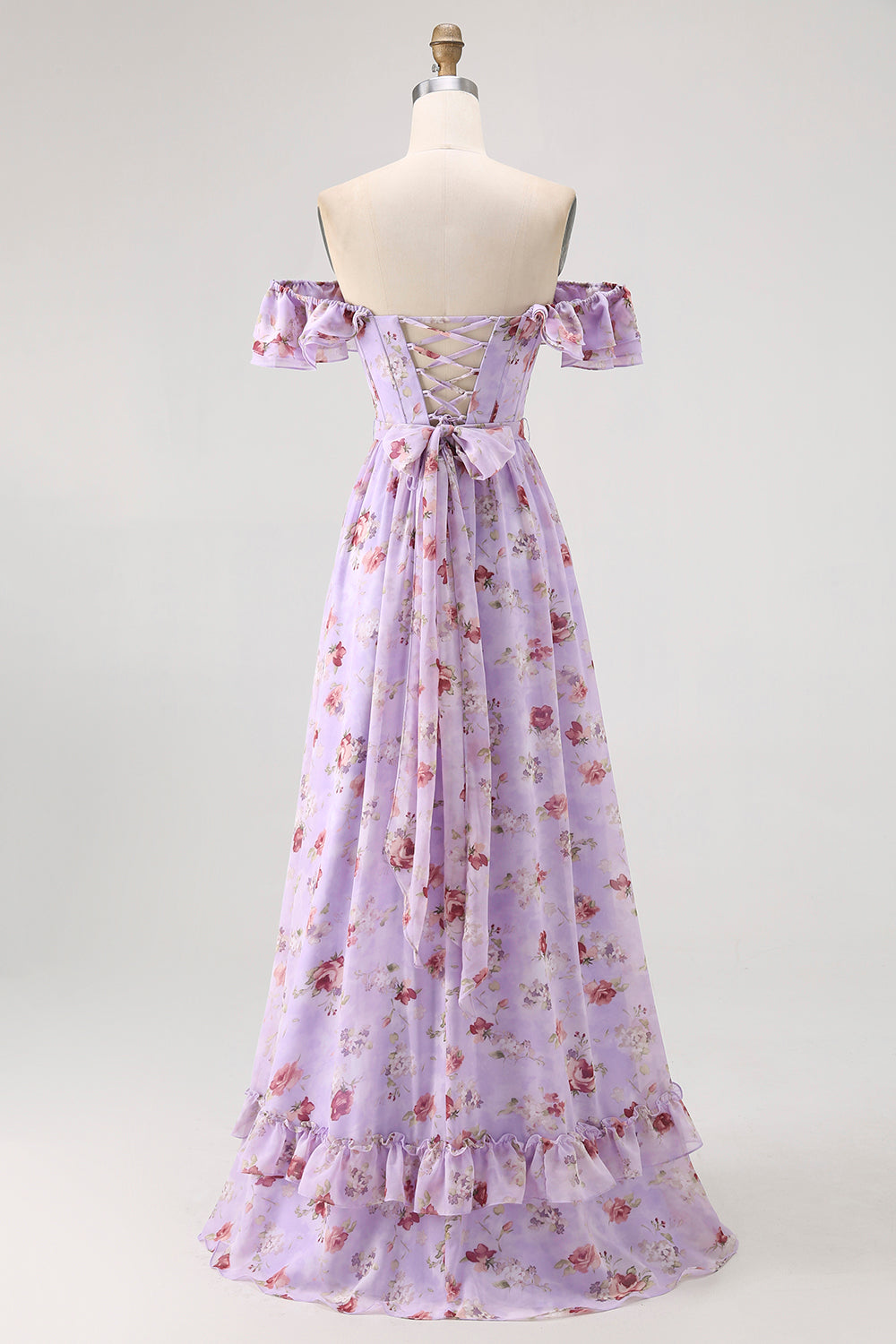 Off The Shoulder Pink Floral A Line Long Bridesmaid Dress with Slit
