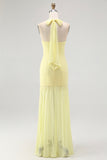 Yellow Halter Sheath Ruched Tie Back Long Bridesmaid Dress