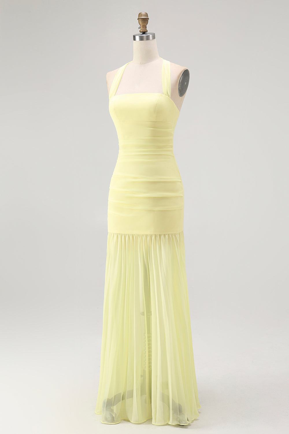 Yellow Halter Sheath Ruched Tie Back Long Bridesmaid Dress