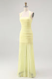 Yellow Halter Sheath Ruched Tie Back Long Bridesmaid Dress