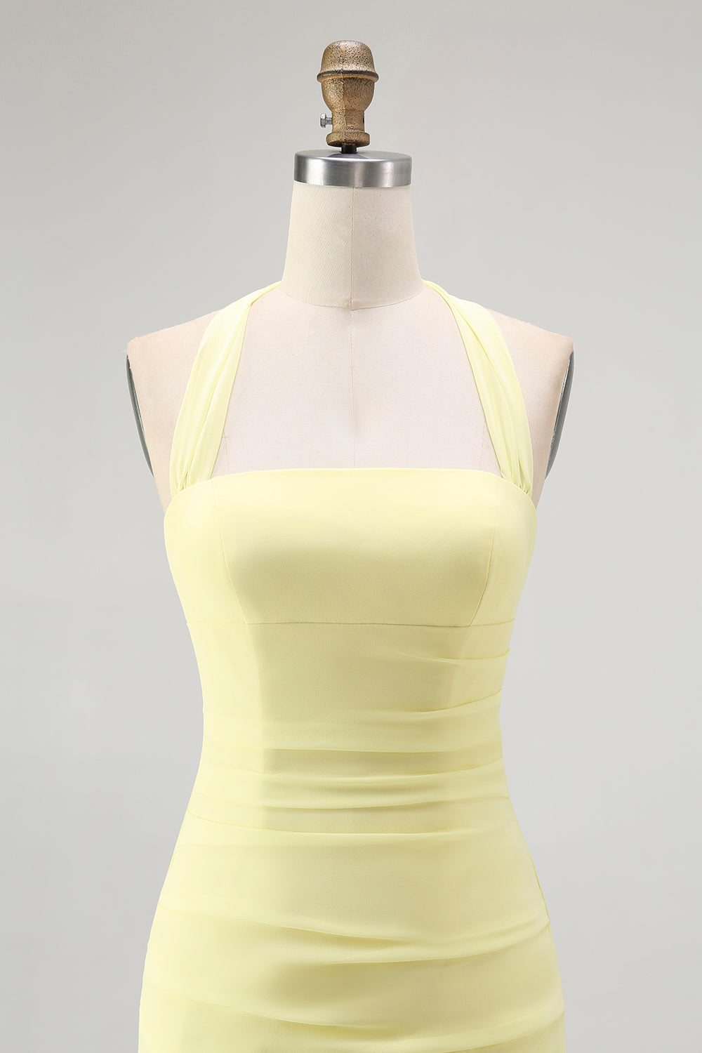 Yellow Halter Sheath Ruched Tie Back Long Bridesmaid Dress