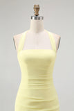 Yellow Halter Sheath Ruched Tie Back Long Bridesmaid Dress