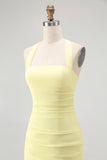Yellow Halter Sheath Ruched Tie Back Long Bridesmaid Dress