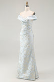 Off The Shoulder Blue Floral Jacquard Mermaid Ruched Prom Dress