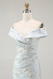 Off The Shoulder Blue Floral Jacquard Mermaid Ruched Prom Dress