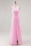Blush Strapless Ruched Long Bridesmaid Dress with Slit