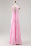 Blush Strapless Ruched Long Bridesmaid Dress with Slit