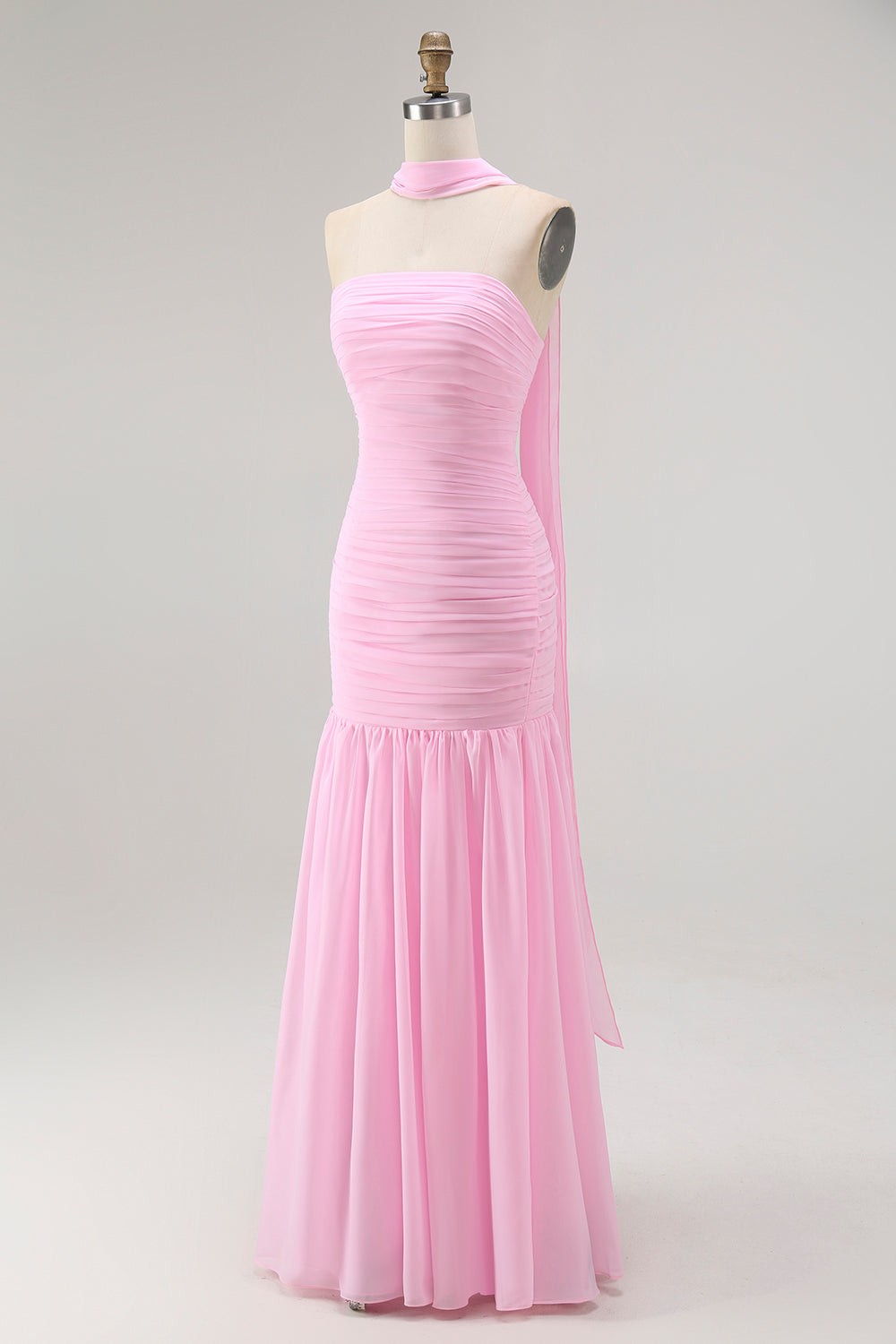 Blush Strapless Ruched Long Bridesmaid Dress with Slit