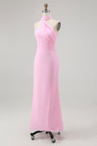 Sheath One Shoulder Blush Long Bridesmaid Dress with Streamer