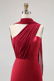 Burgundy One Shoulder Sheath Long Bridesmaid Dress with Streamer