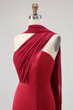Burgundy One Shoulder Sheath Long Bridesmaid Dress with Streamer