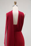 Burgundy One Shoulder Sheath Long Bridesmaid Dress with Streamer